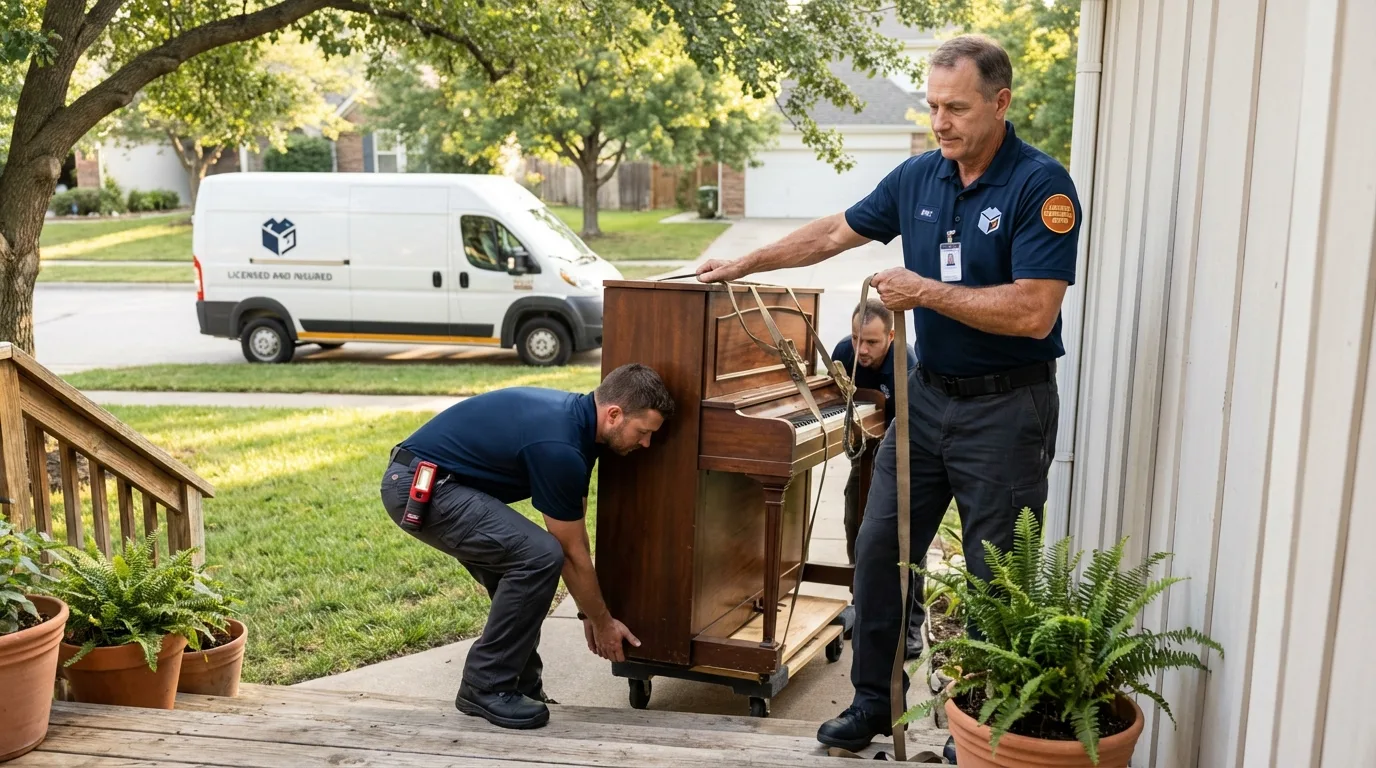 Licensed piano movers securing grand piano in Greensboro, GA