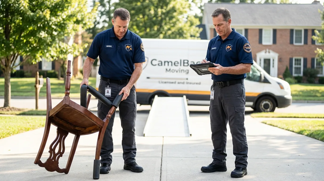 Movers inspecting furniture for damage prevention before loading in Greensboro, GA