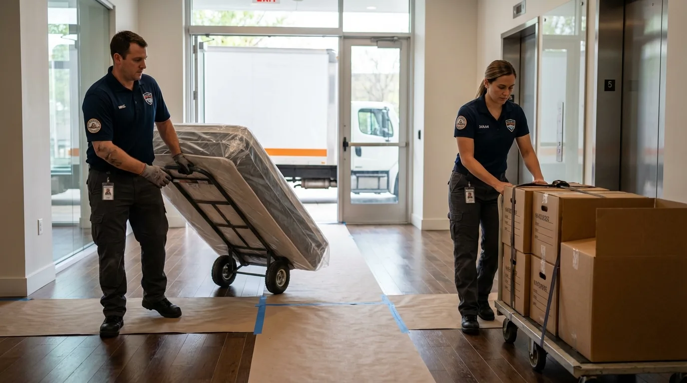 Professional apartment movers loading elevator in Greensboro, GA