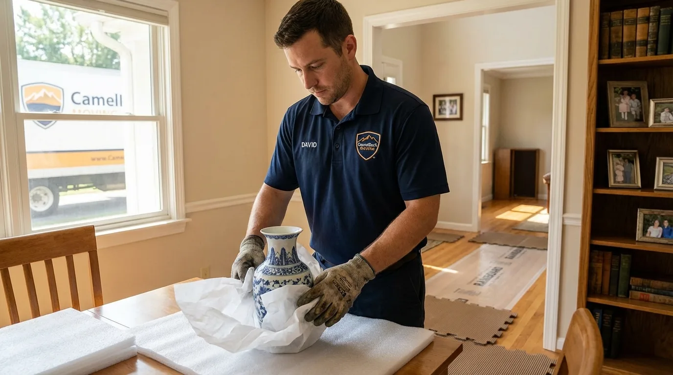 Professional crew carefully wrapping antique vase for senior downsizing move in Greensboro, GA